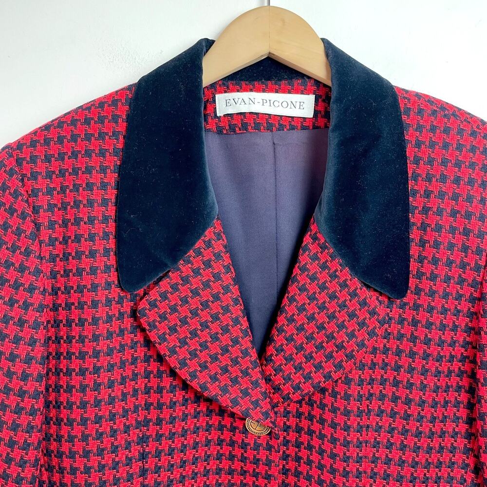 Vintage 90s Evan Picone Houndstooth Wool Blazer Medium Red Plaid Old Money - Picture 2 of 11